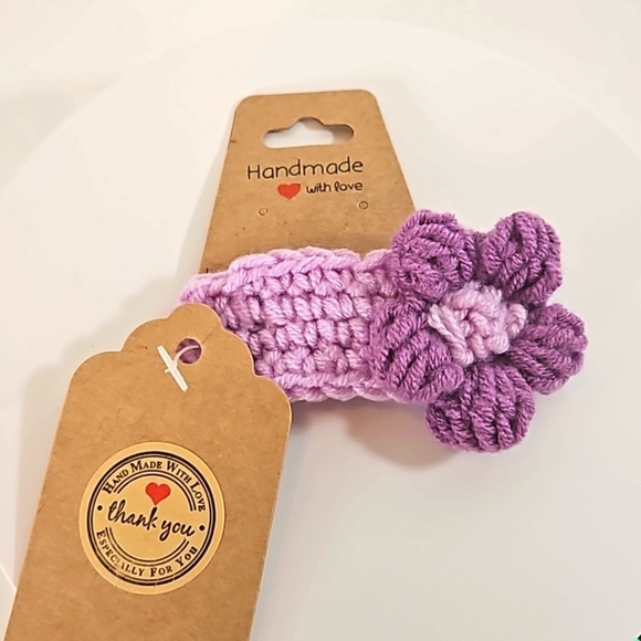 Hand Crafted Hand Knit Crochet Hair Clip Handmade Snap Clip Purple Floral Design - Picture 5 of 17